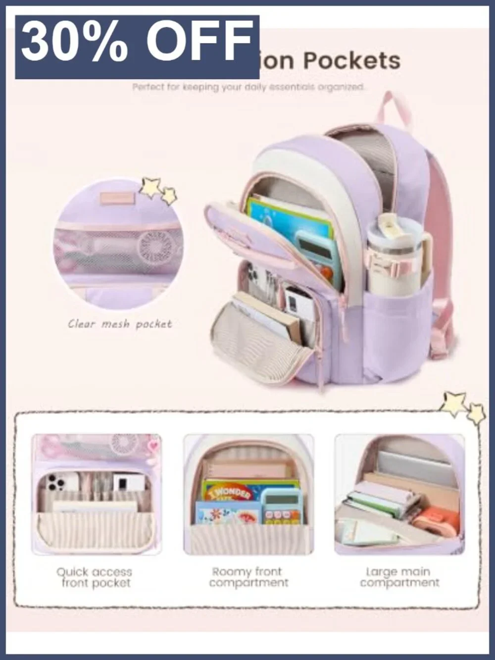 Girls School Backpack with Cartoon Charms & Pins, Water Resistant, Fits 15.6